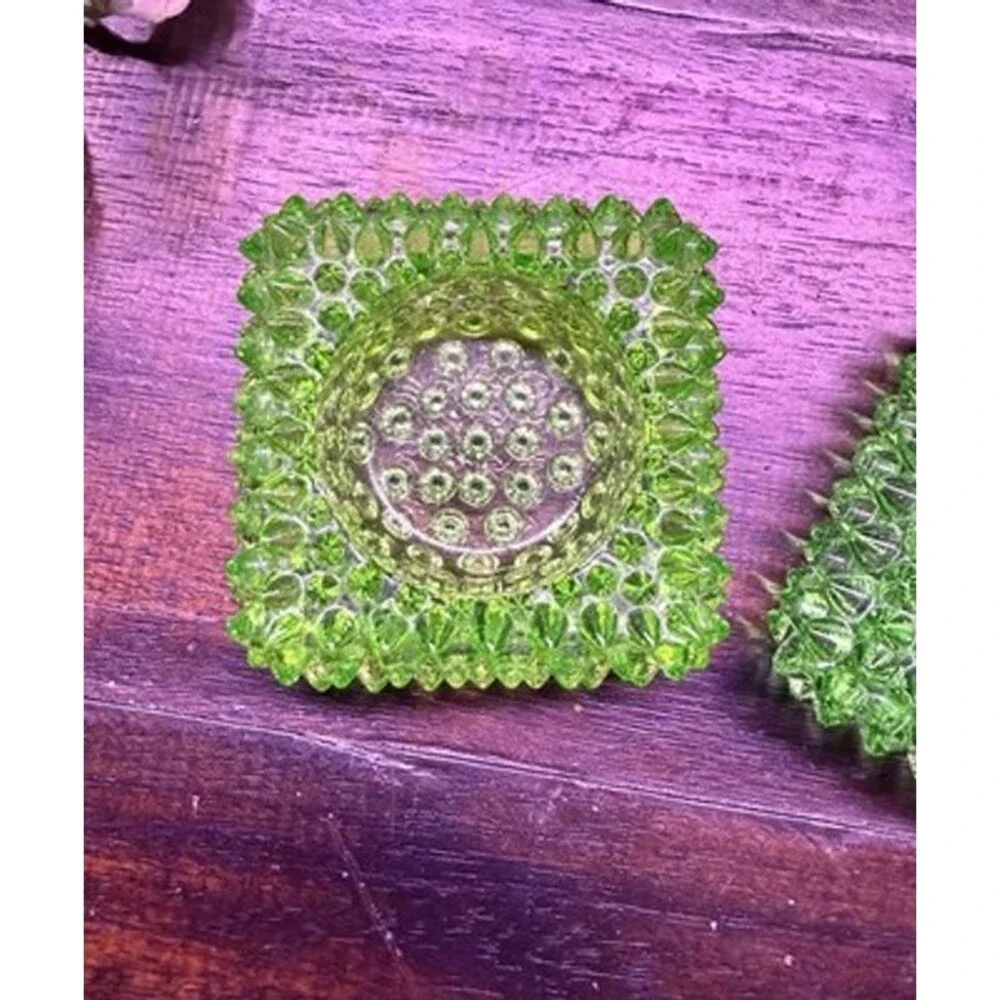 2 Fenton Hobnail Square Green Salt Cellar Tea Light Candle Holders